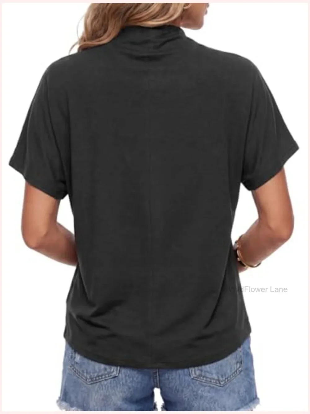 Mock Neck Batwing Short Sleeve Asymmetric Hem Blouse - Picture 5 of 7